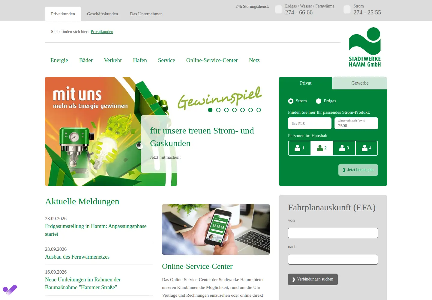 Screenshot of stadtwerke-hamm.de