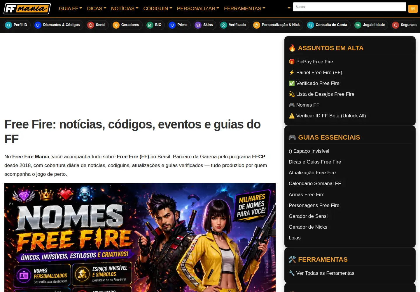 Captured homepage of freefiremania.com.br in the current scan