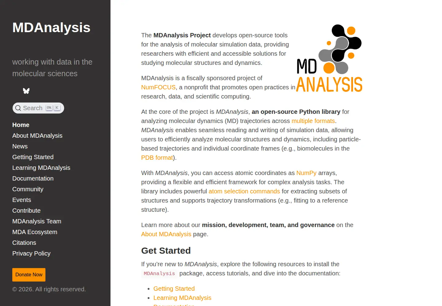 Screenshot of mdanalysis.org