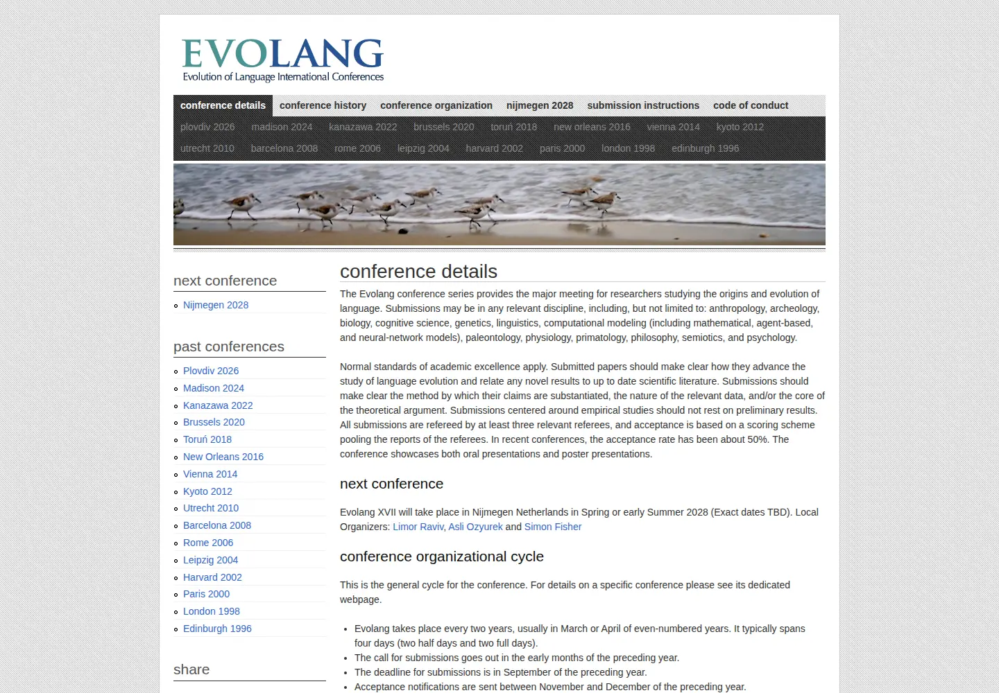 Captured homepage of evolang.org in the current scan