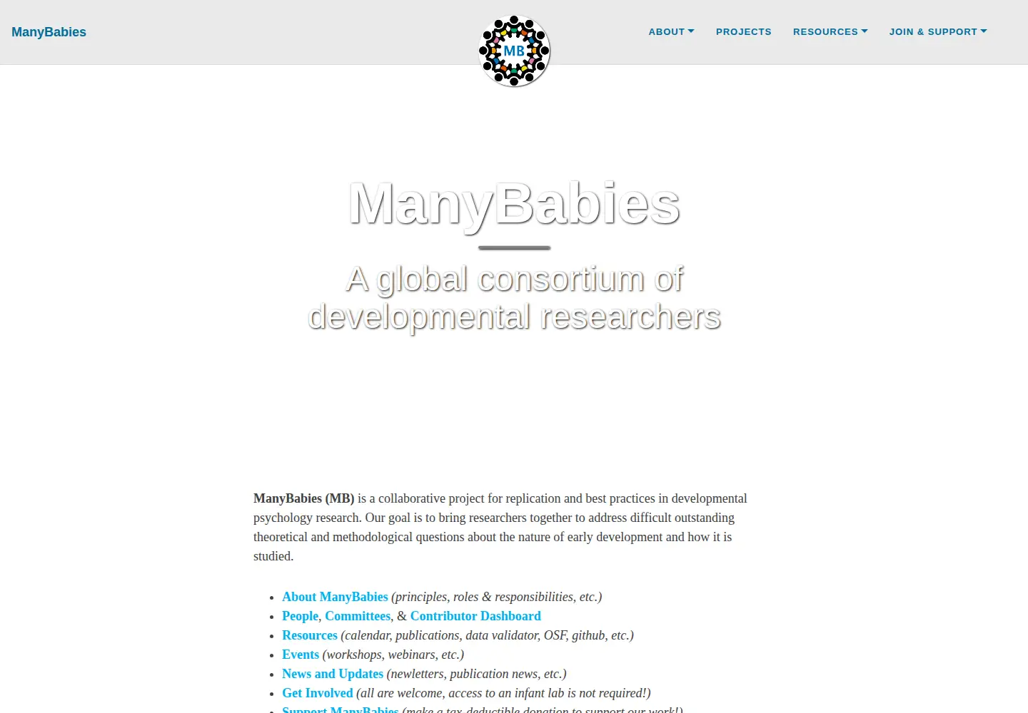 Captured homepage of manybabies.org in the current scan
