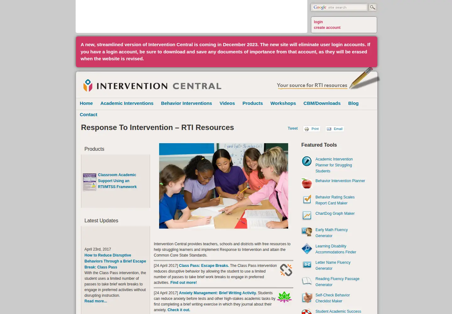 Captured homepage of interventioncentral.org in the current scan