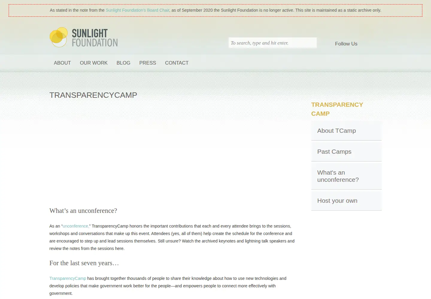 Captured homepage of transparencycamp.org in the current scan