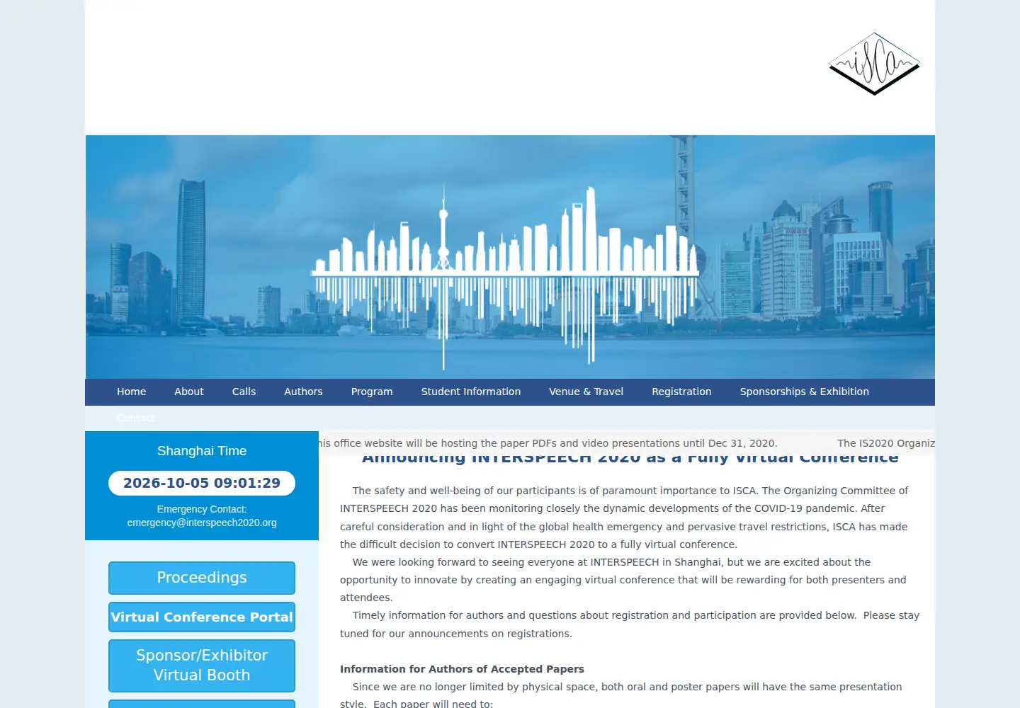 Captured homepage of interspeech2020.org in the current scan