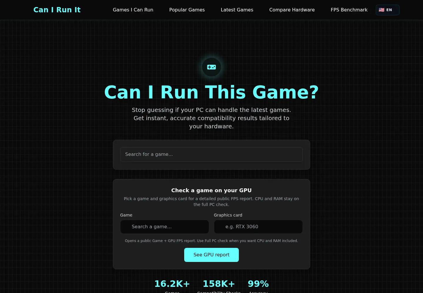Captured homepage of can-i-run-it.com in the current scan