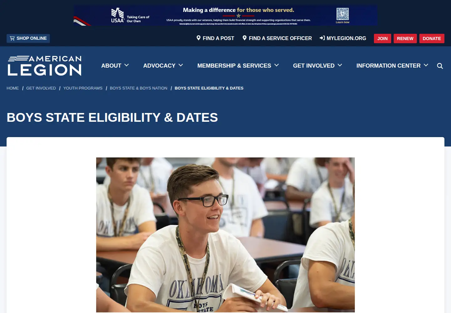 Captured homepage of boysandgirlsstate.org in the current scan