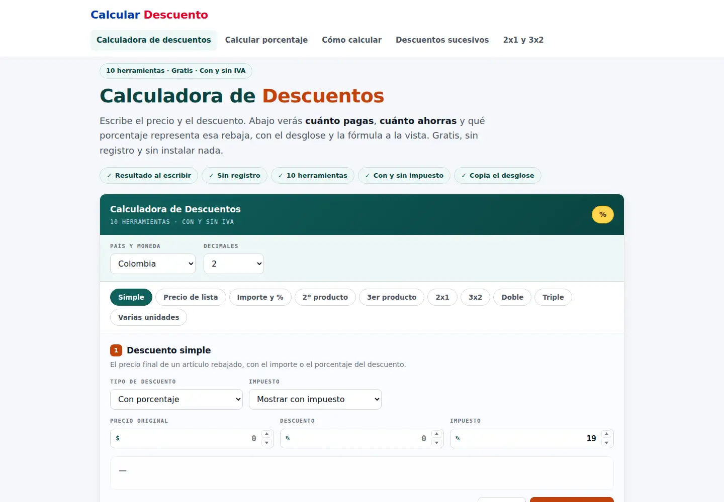 Captured homepage of calculardescuento.com.co in the current scan