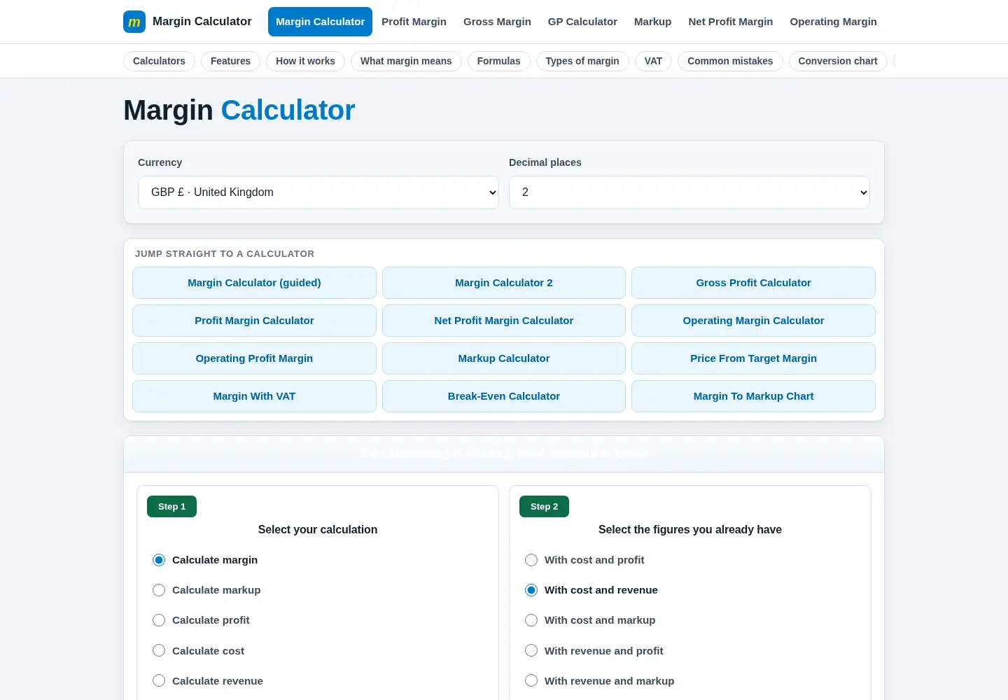 Screenshot of margincalculator.co.uk