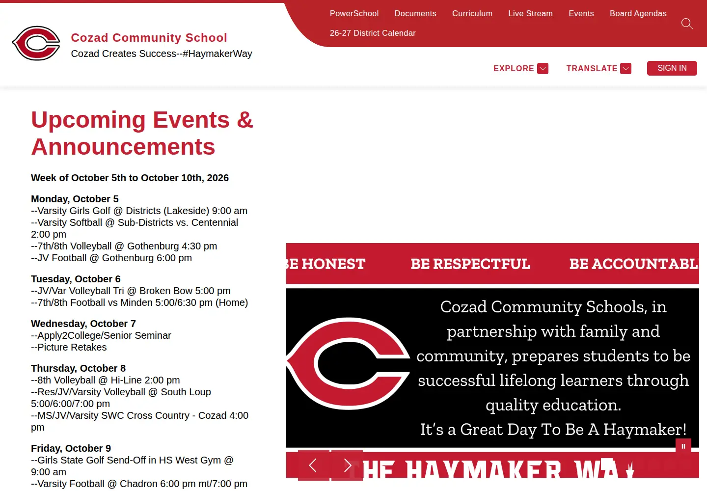 Captured homepage of cozadschools.net in the current scan
