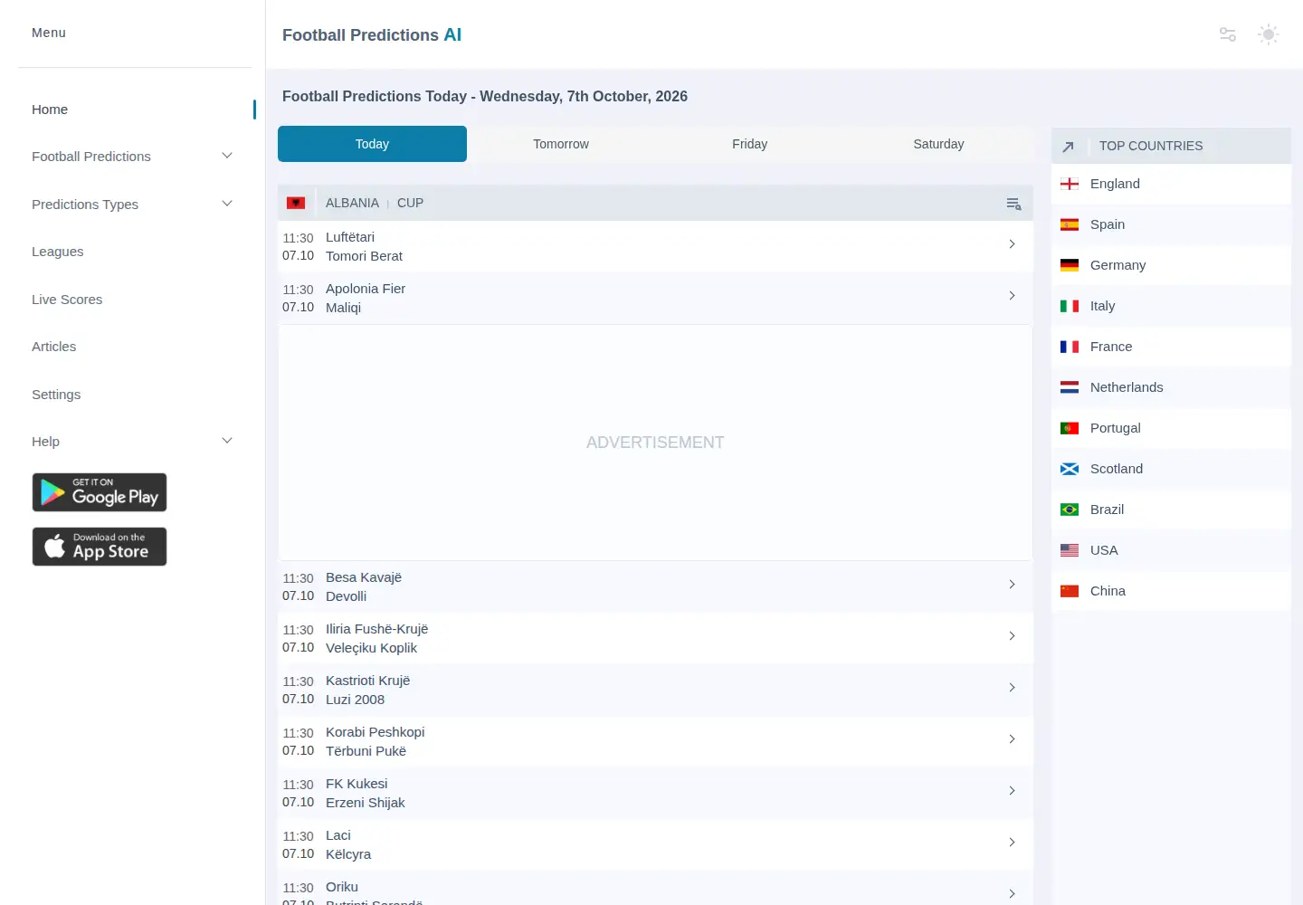 Screenshot of footballpredictions.ai