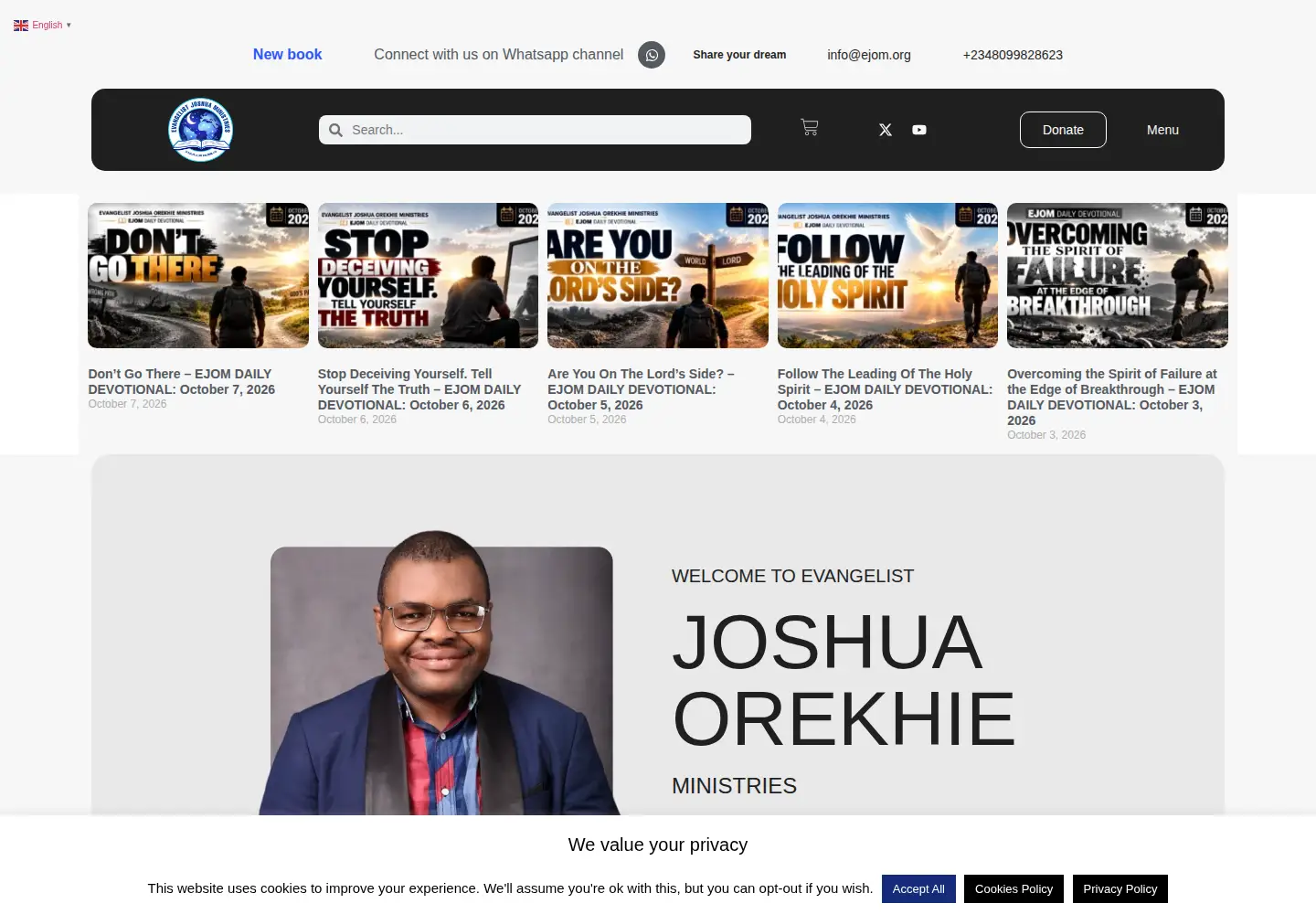 Captured homepage of evangelistjoshua.com in the current scan