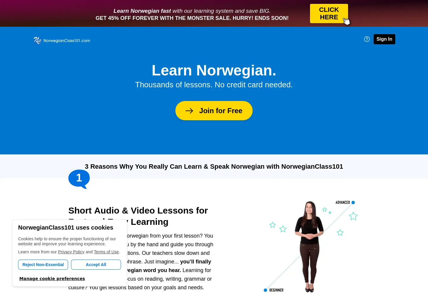 Captured homepage of norwegianclass101.com in the current scan