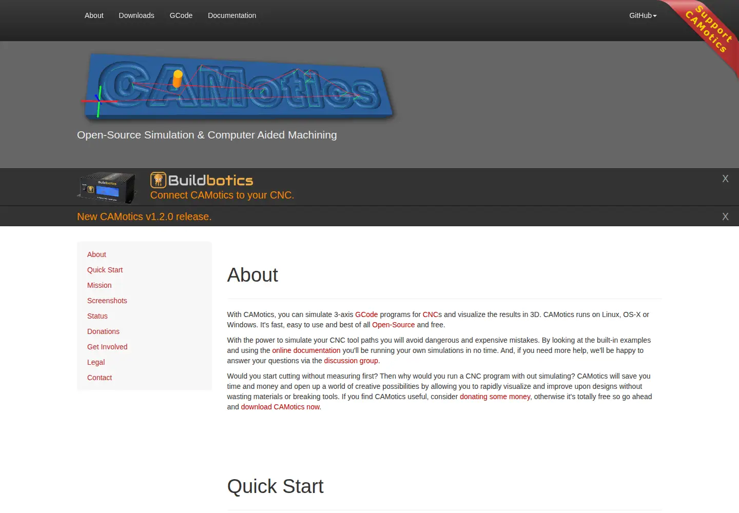 Captured homepage of camotics.org in the current scan