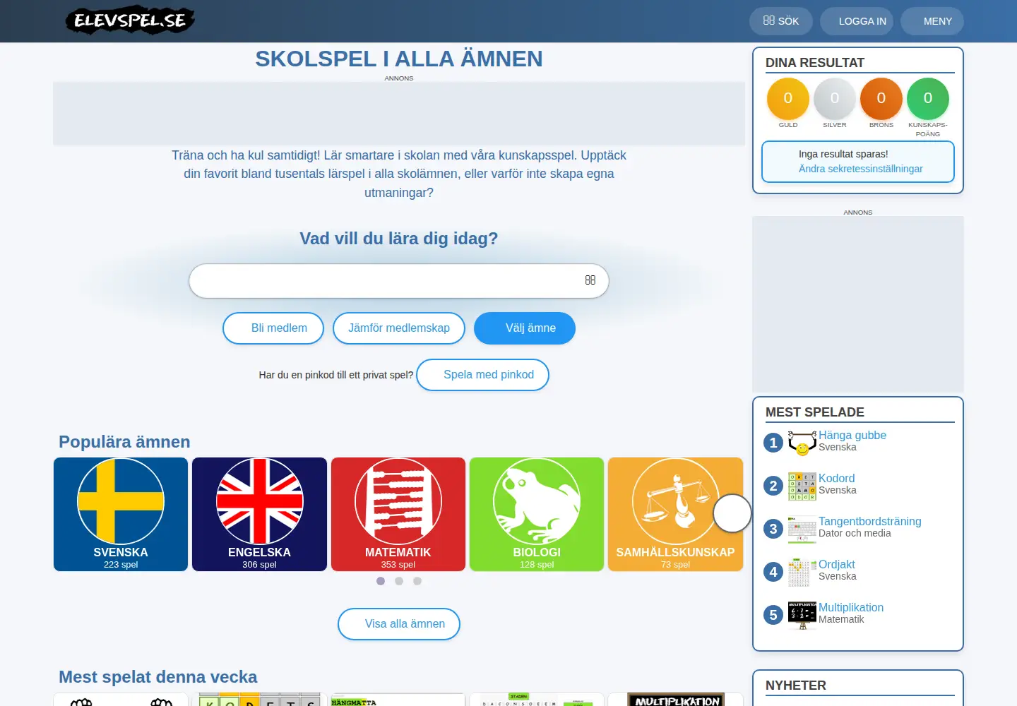 Screenshot of elevspel.se