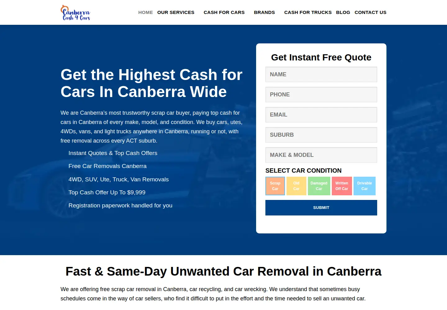 Captured homepage of canberracash4cars.com.au in the current scan