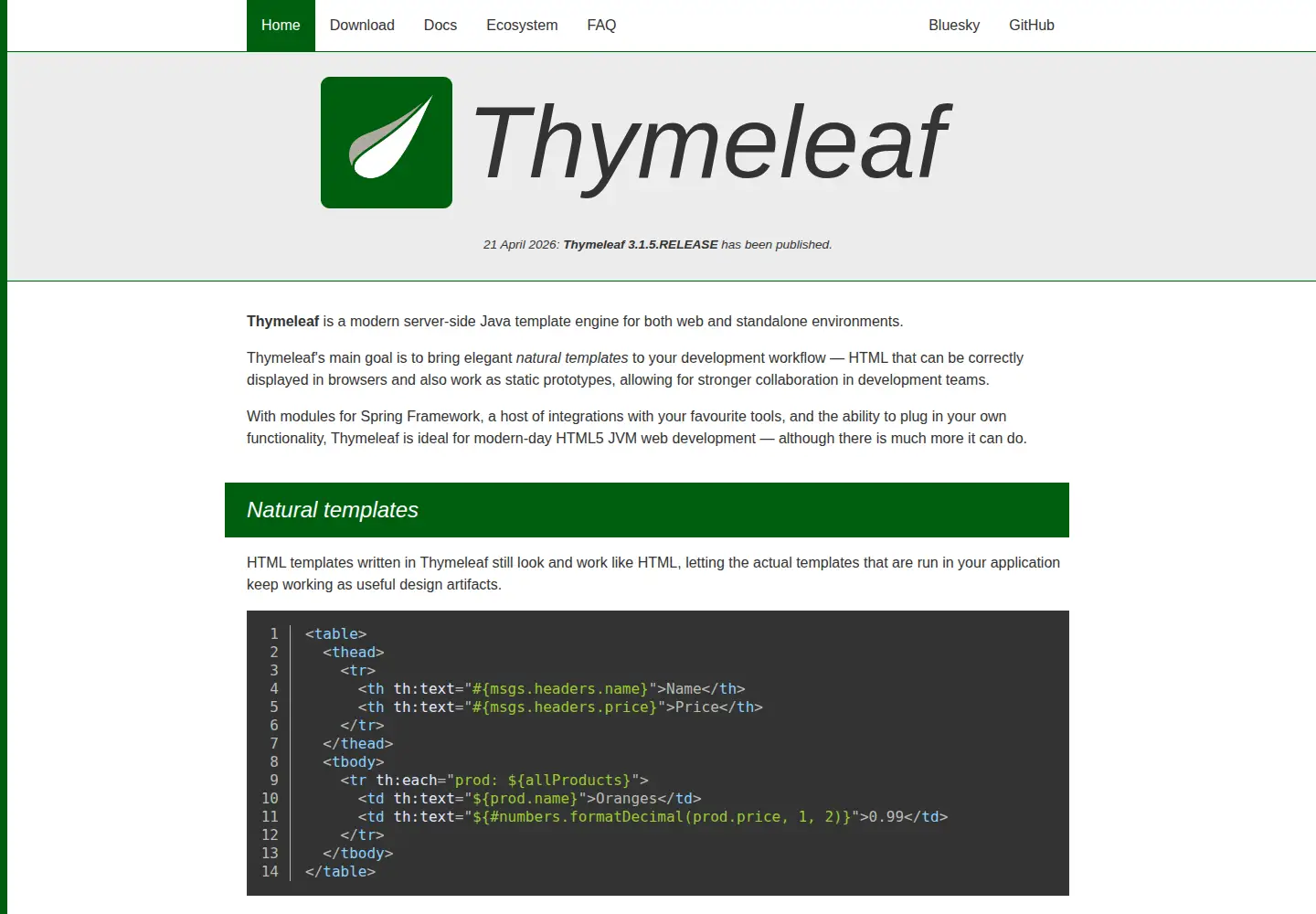 Screenshot of thymeleaf.org