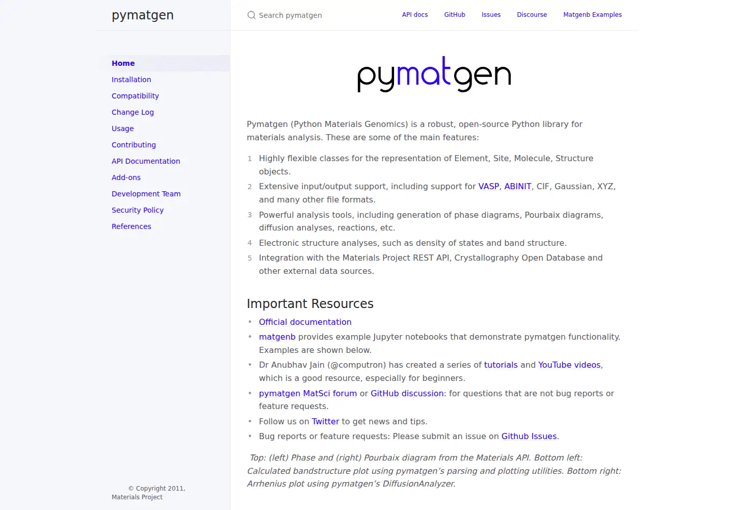 Screenshot of pymatgen.org