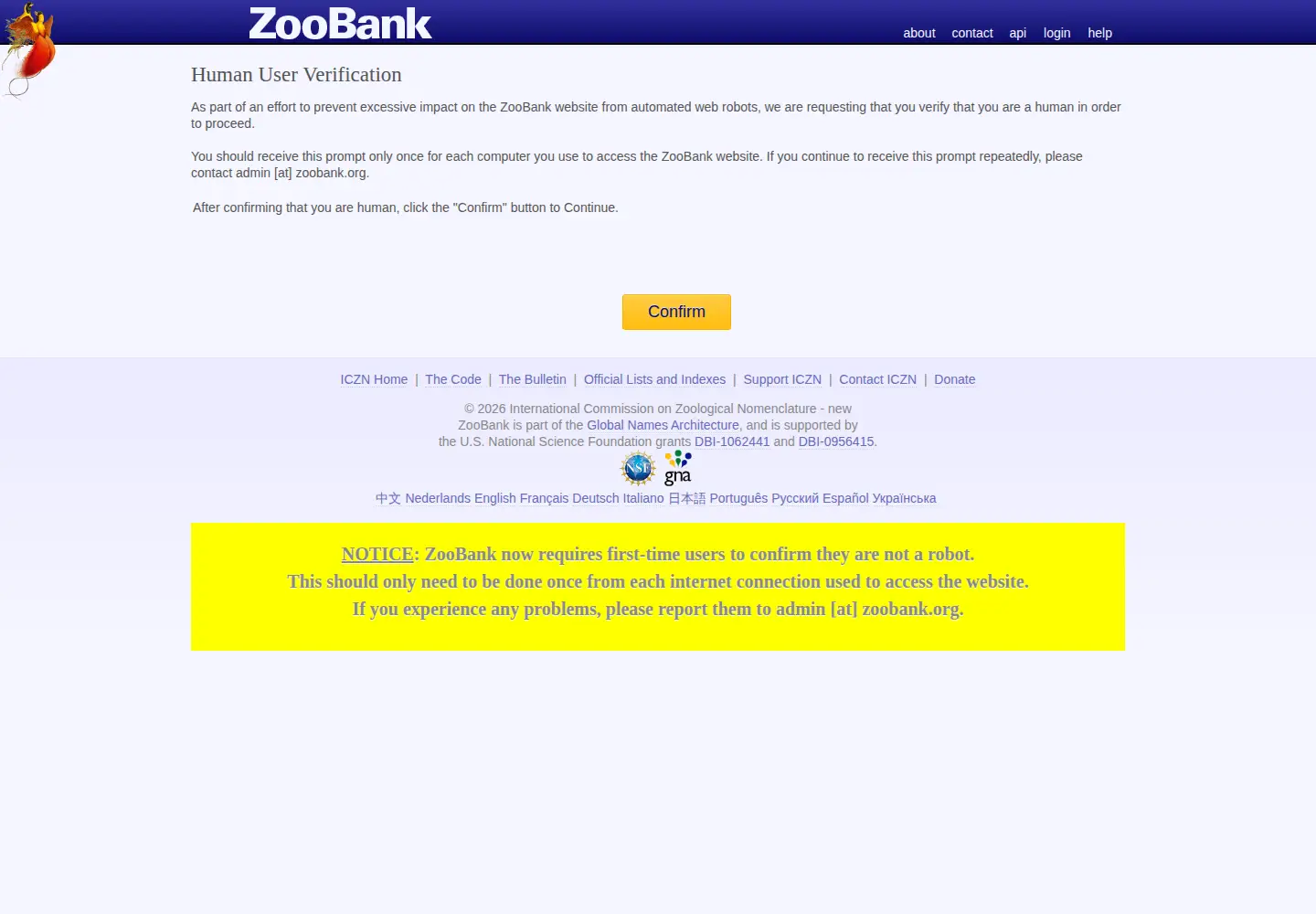 Captured homepage of zoobank.org in the current scan
