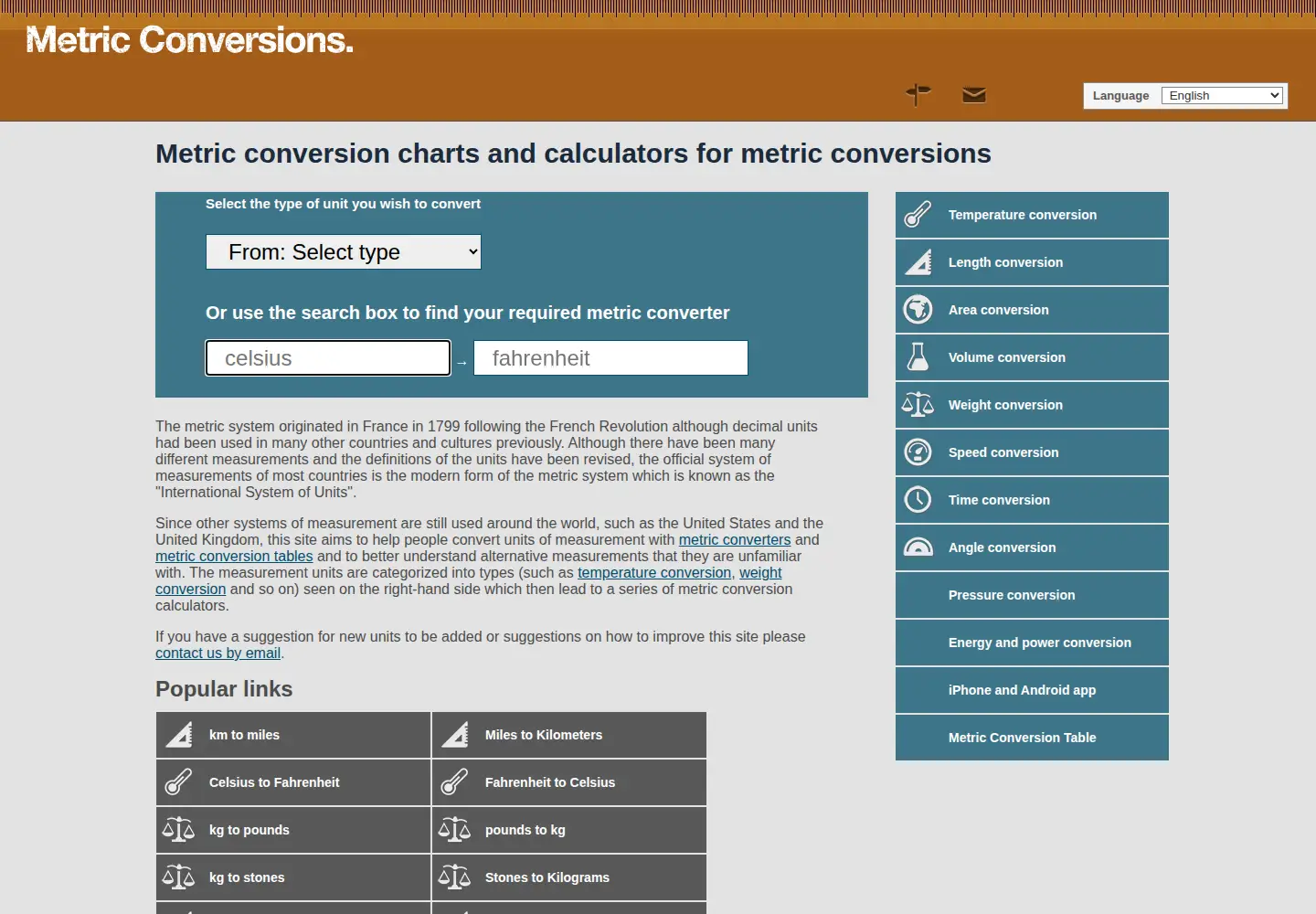 Screenshot of metric-conversions.org