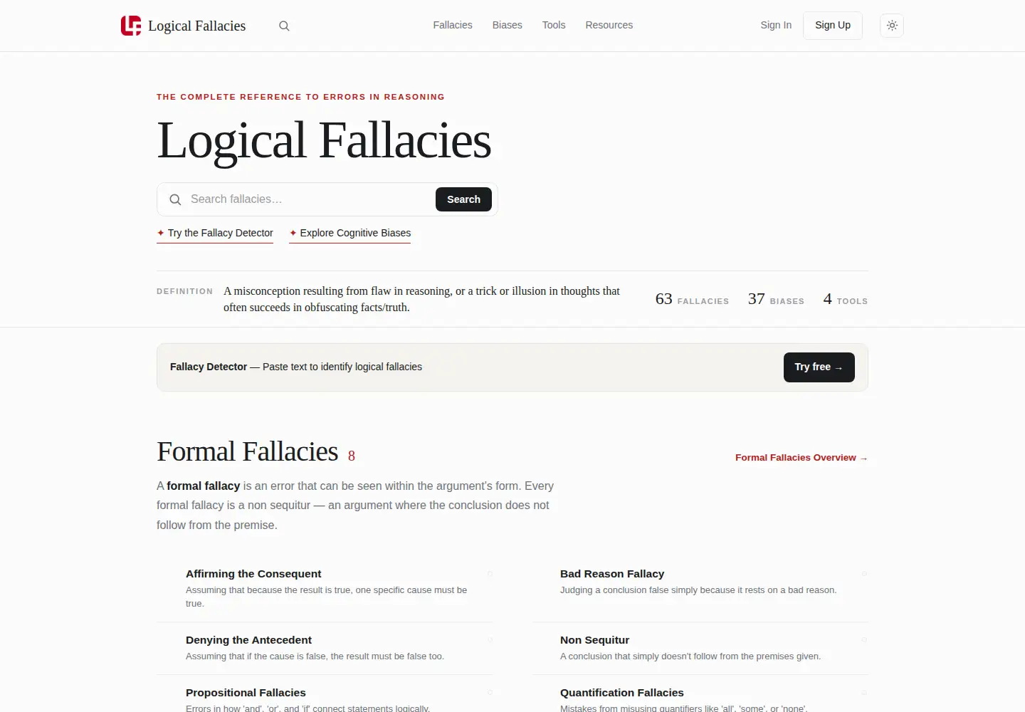 Screenshot of logicalfallacies.org