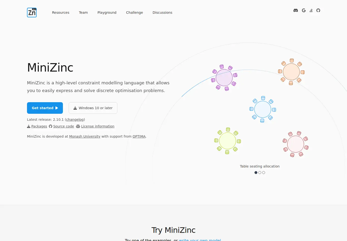 Screenshot of minizinc.org