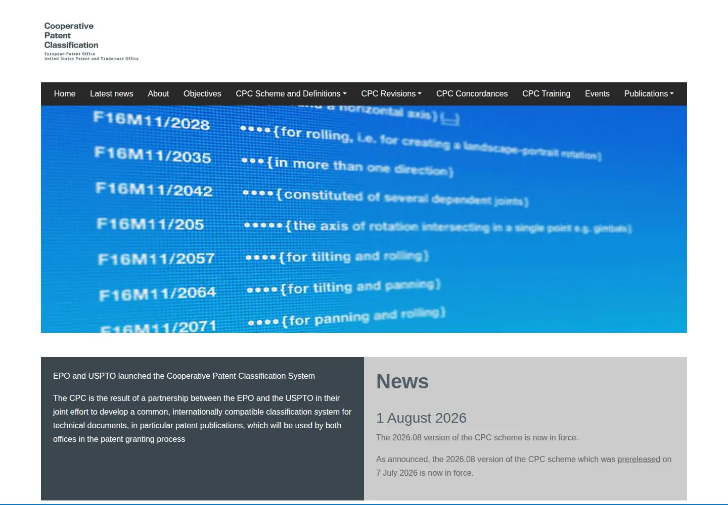 Screenshot of cooperativepatentclassification.org