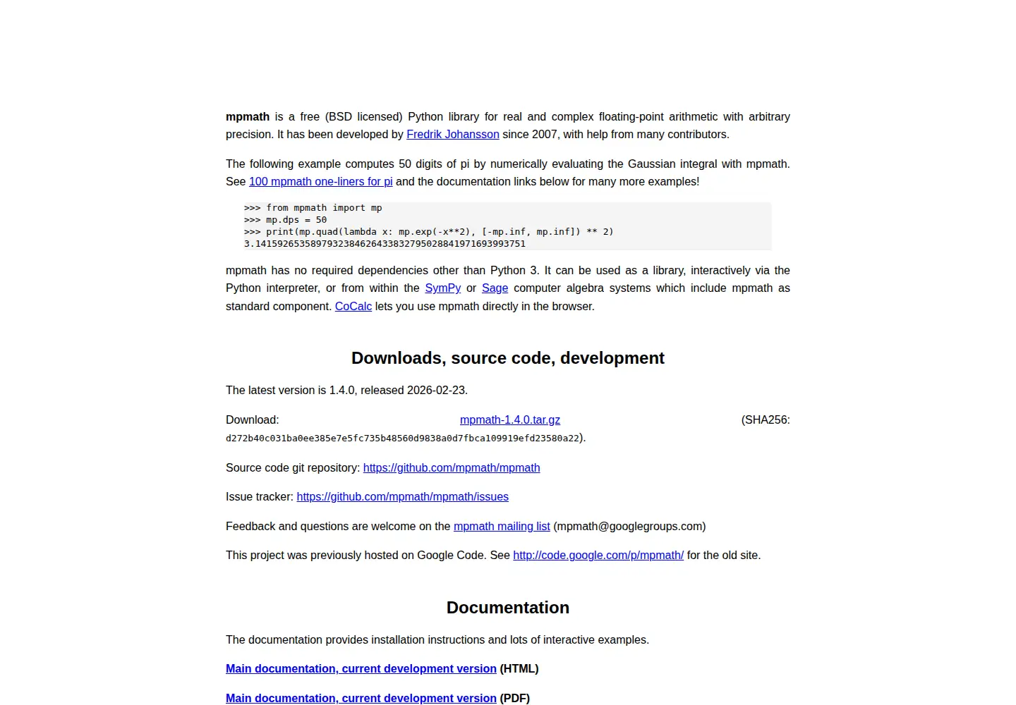 Screenshot of mpmath.org