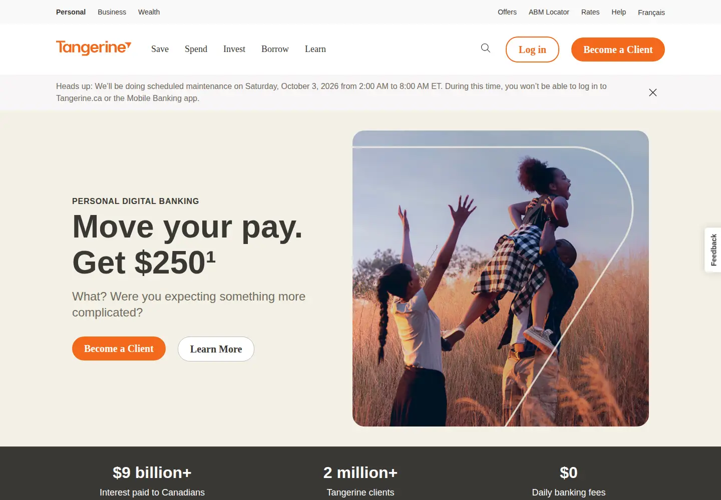 Captured homepage of tangerine.ca in the current scan