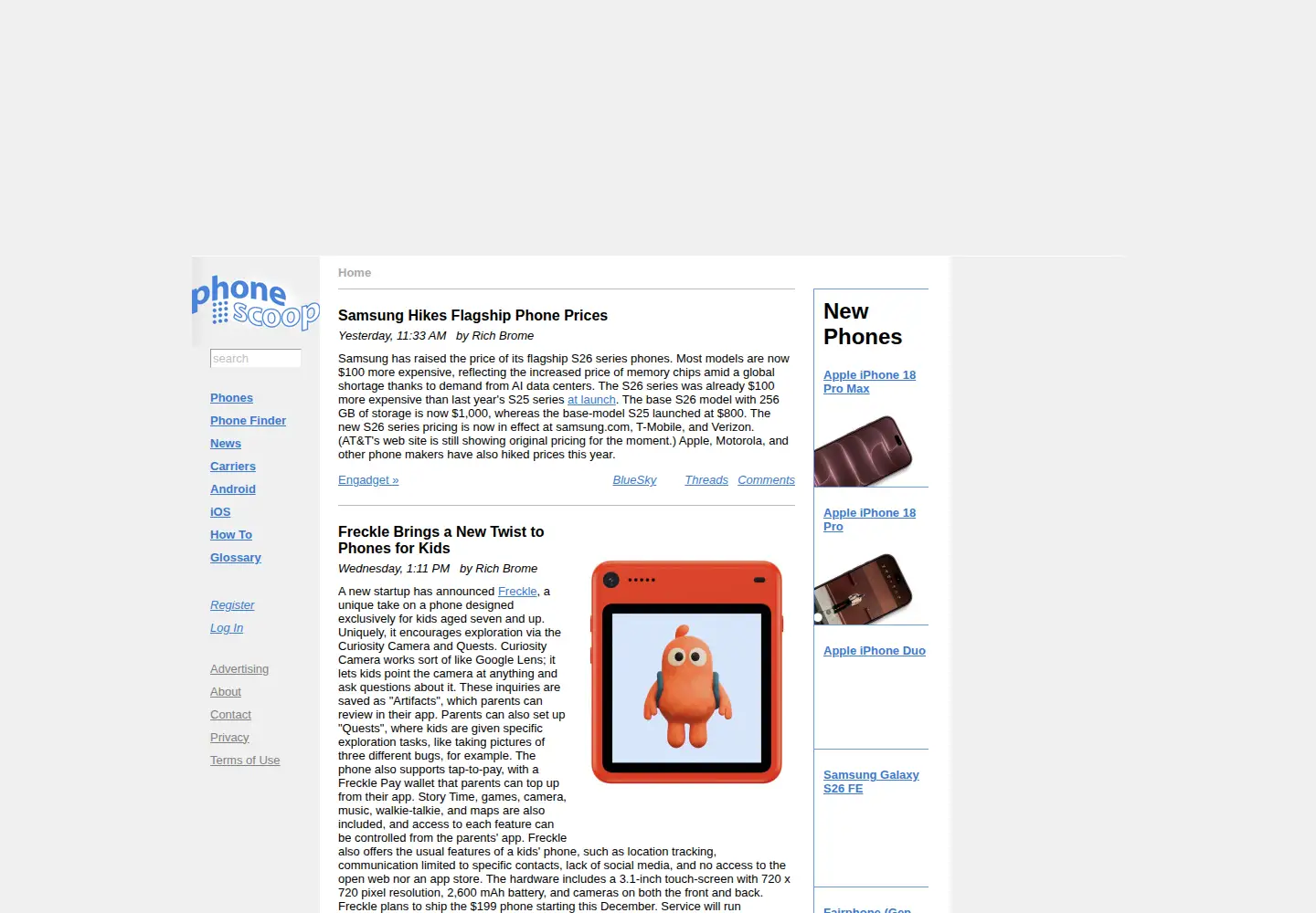 Captured homepage of phonescoop.com in the current scan