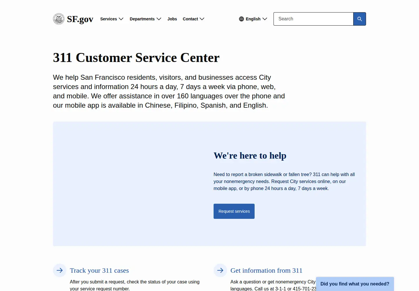 Captured homepage of sf311.org in the current scan