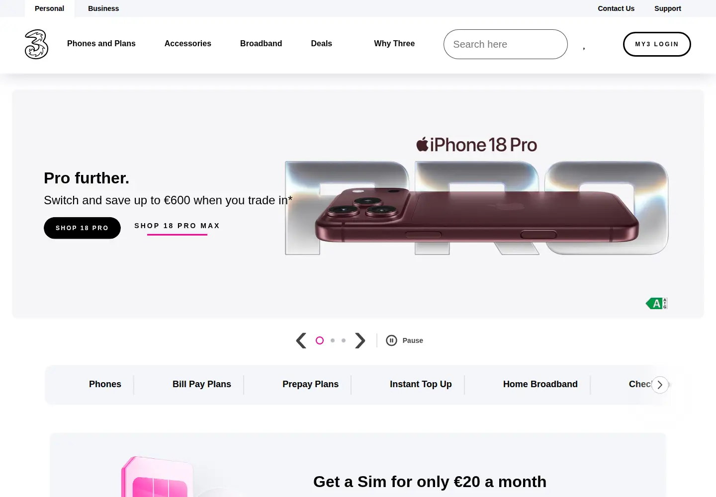 Screenshot of three.ie