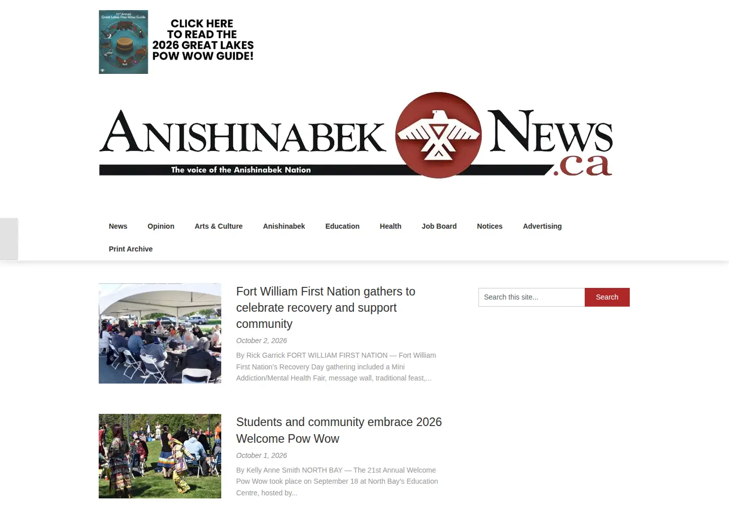 Screenshot of anishinabeknews.ca