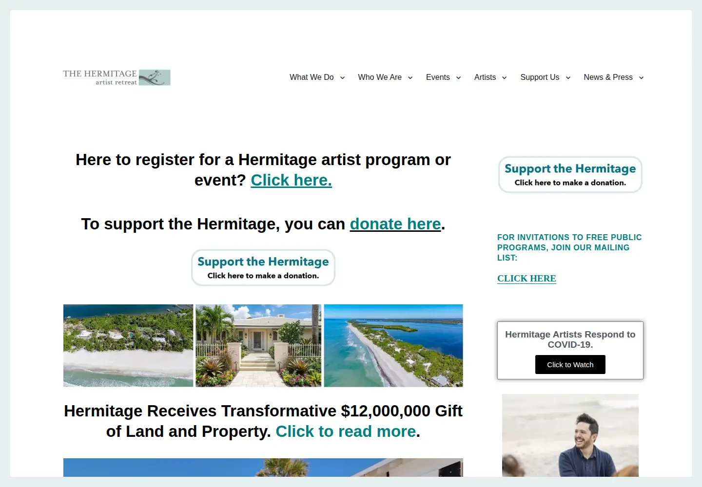 Captured homepage of hermitageartistretreat.org in the current scan