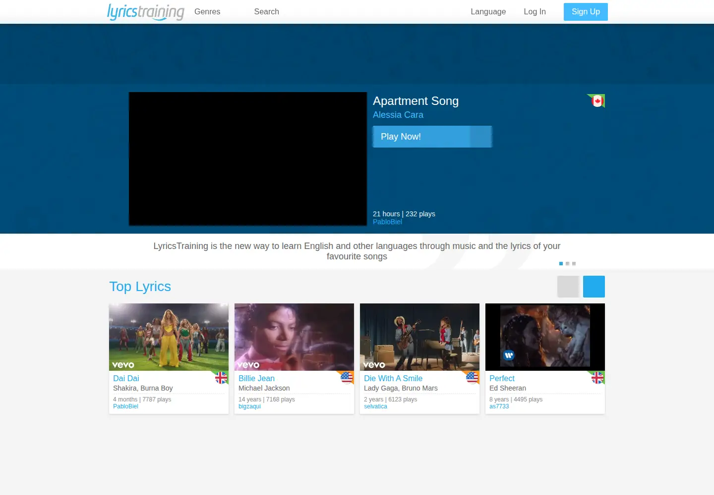 Screenshot of lyricstraining.com