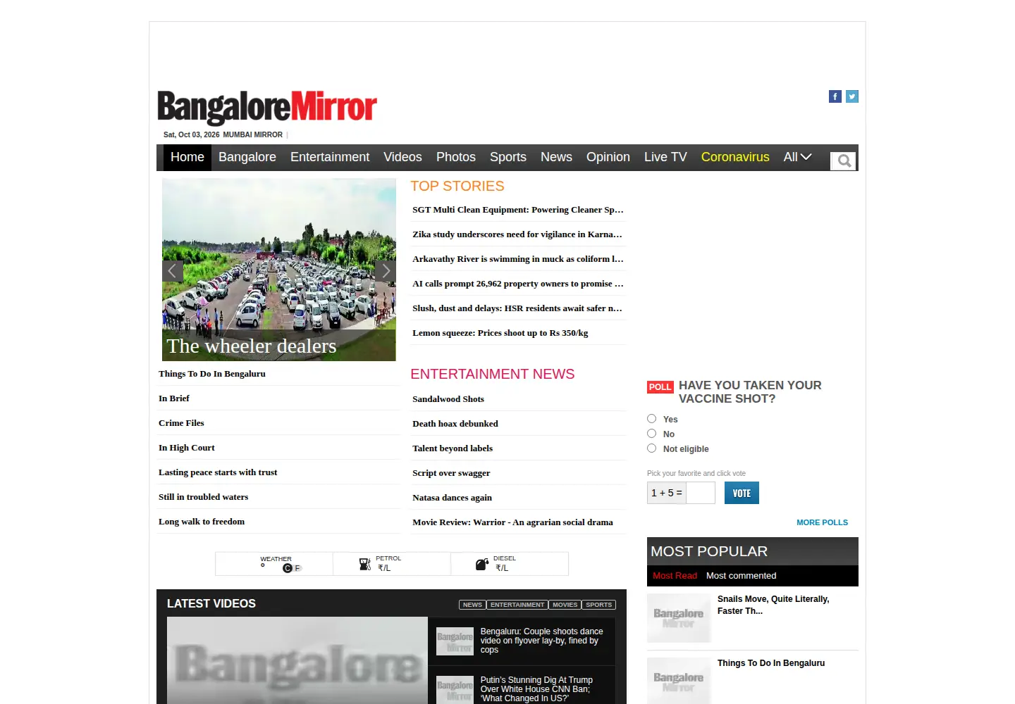 Captured homepage of bangaloremirror.com in the current scan