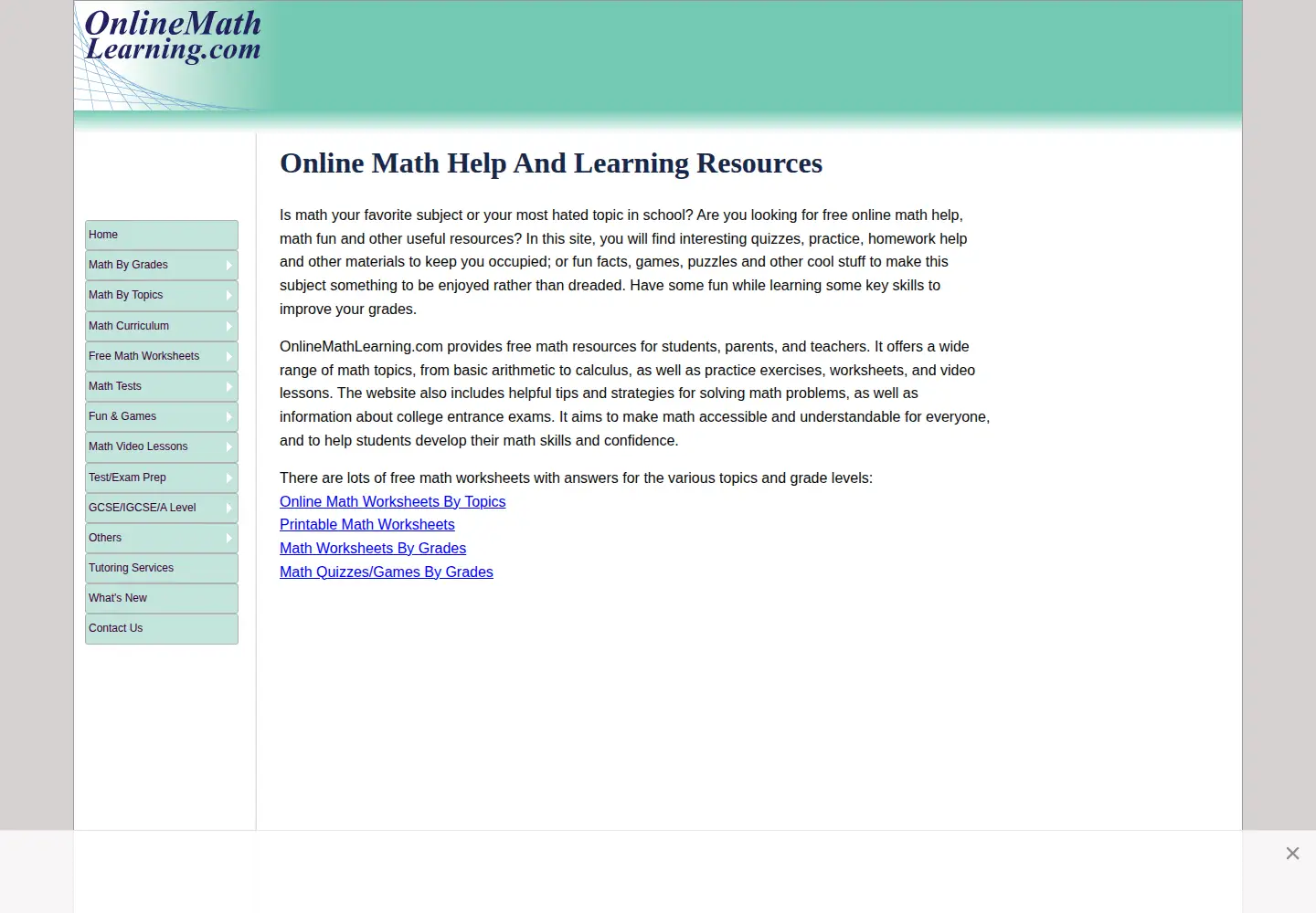 Screenshot of onlinemathlearning.com