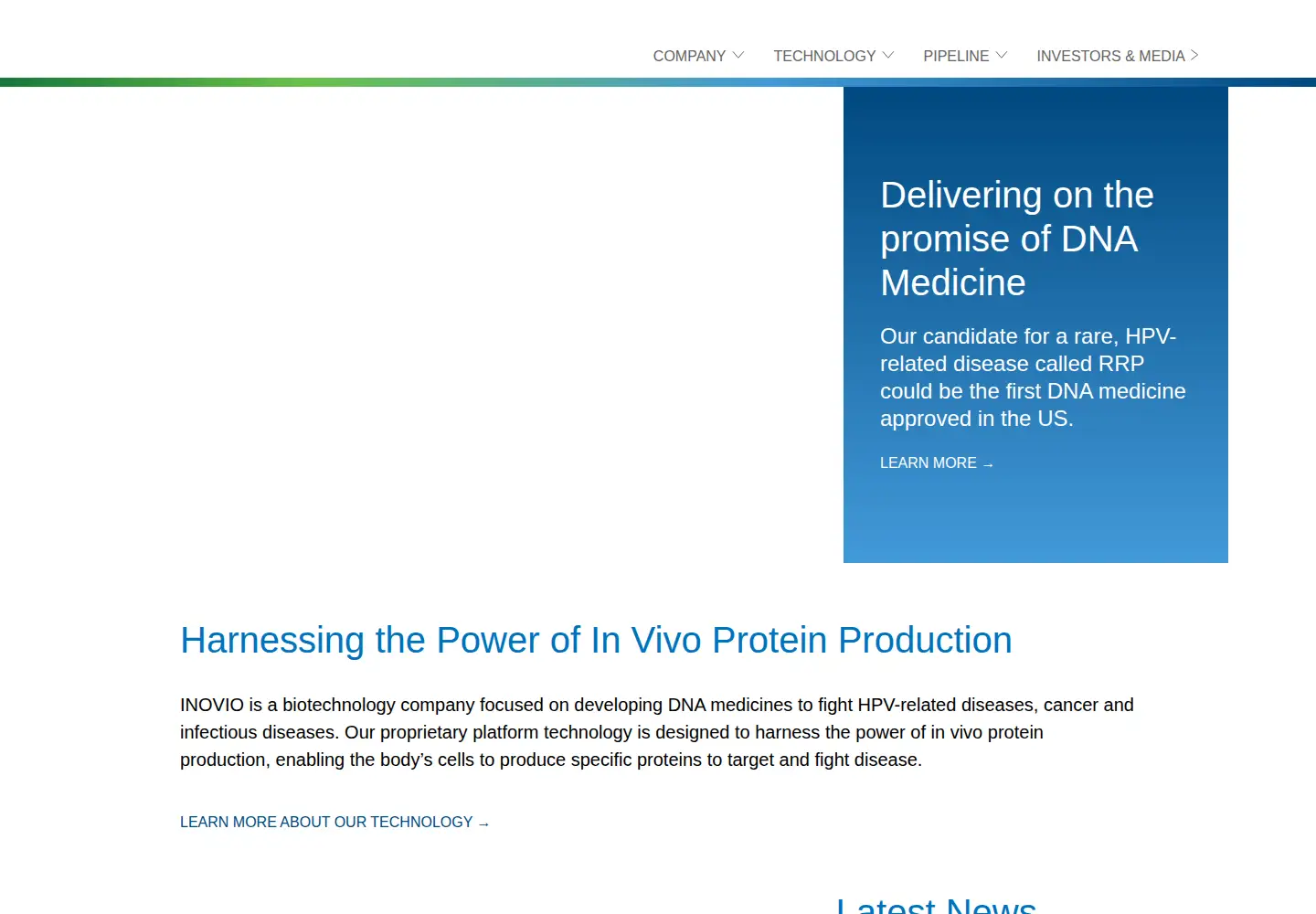 Captured homepage of inovio.com in the current scan