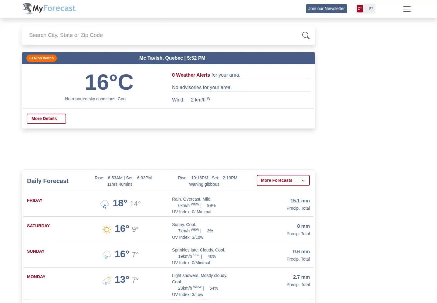 Screenshot of myforecast.com