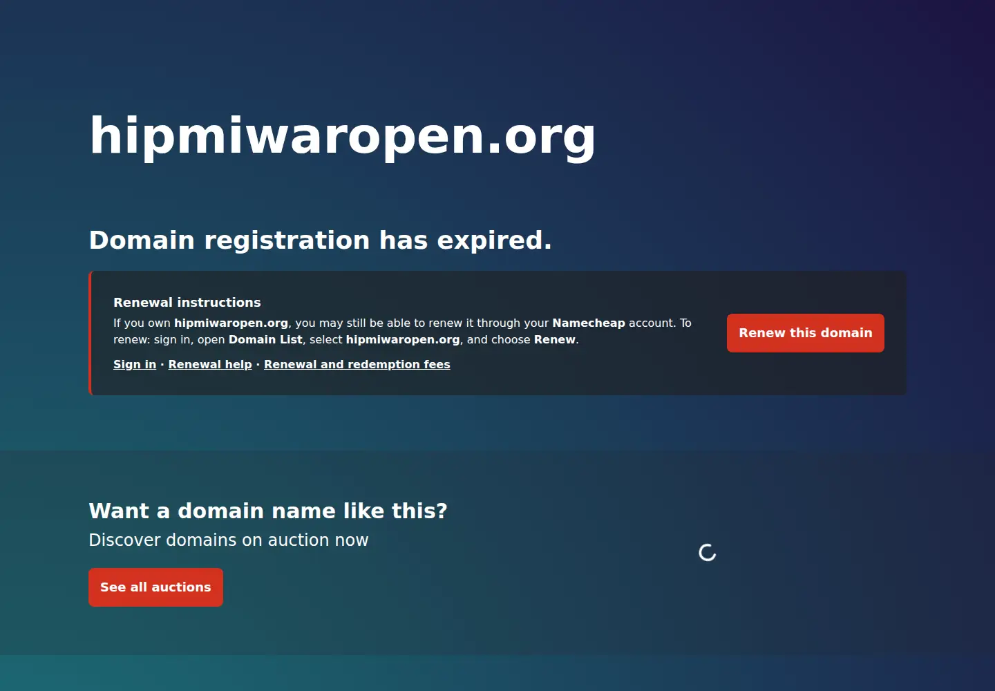 Captured homepage of hipmiwaropen.org in the current scan