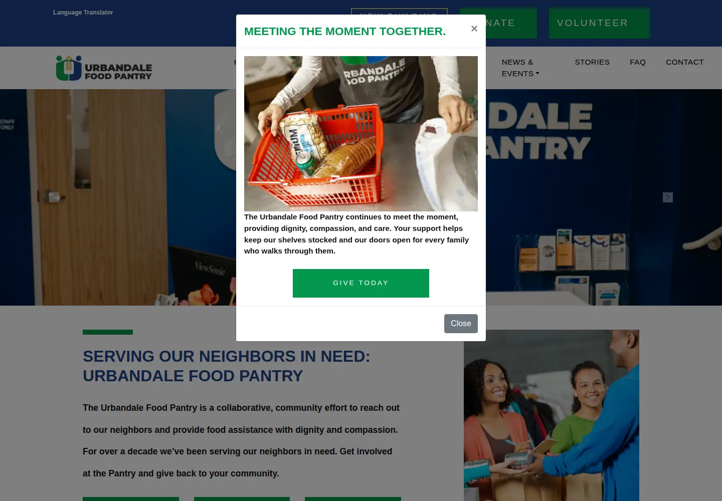 Captured homepage of urbandalefoodpantry.org in the current scan