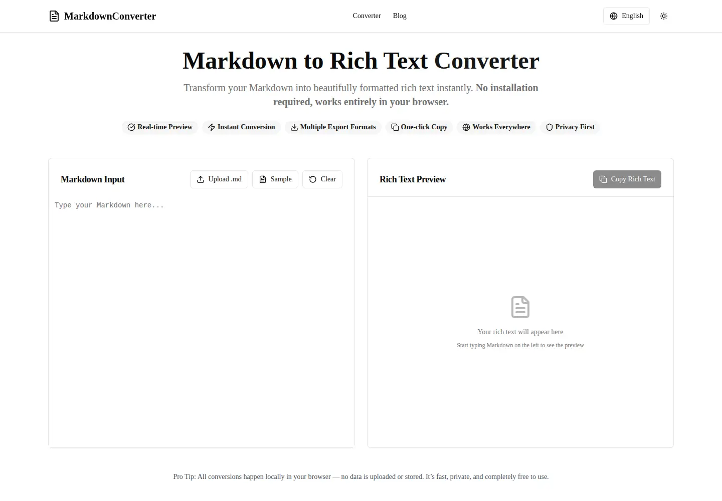 Screenshot of markdowntorichtext.com