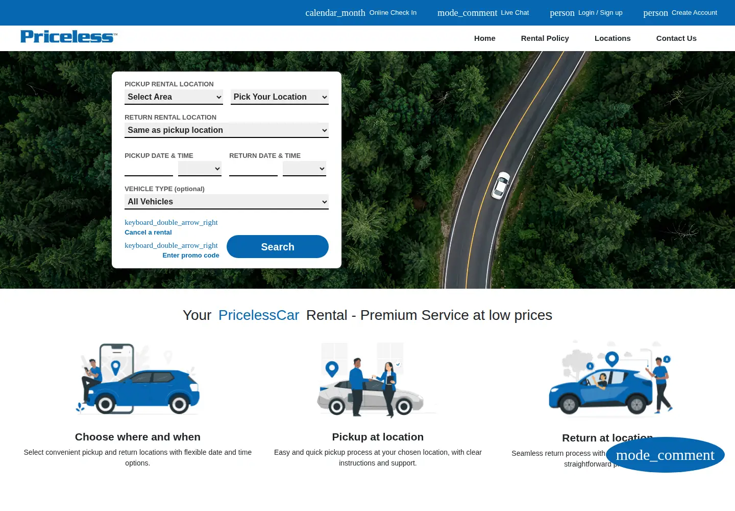 Screenshot of pricelesscarrental.com