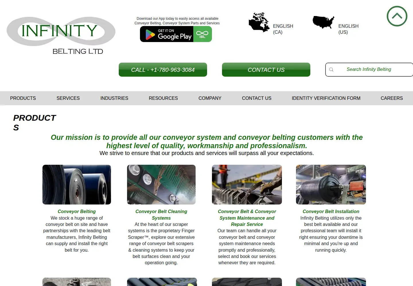 Captured homepage of infinitybelting.com in the current scan