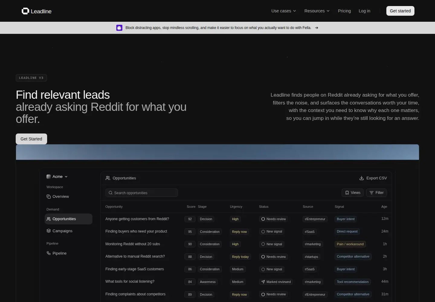 Captured homepage of leadline.dev in the current scan