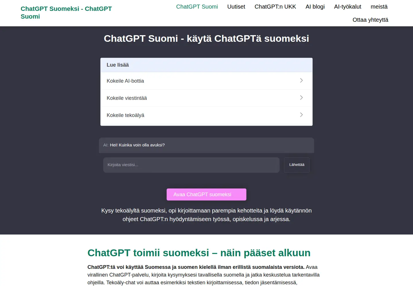 Screenshot of chat-gpt-suomi.fi