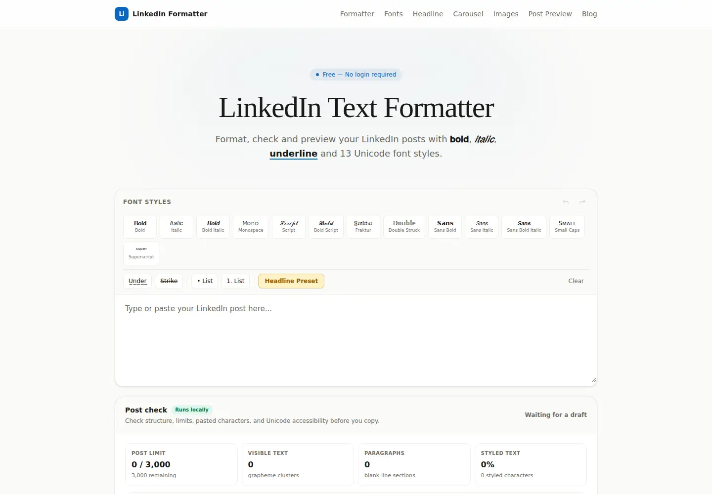 Screenshot of linkedinformatter.net