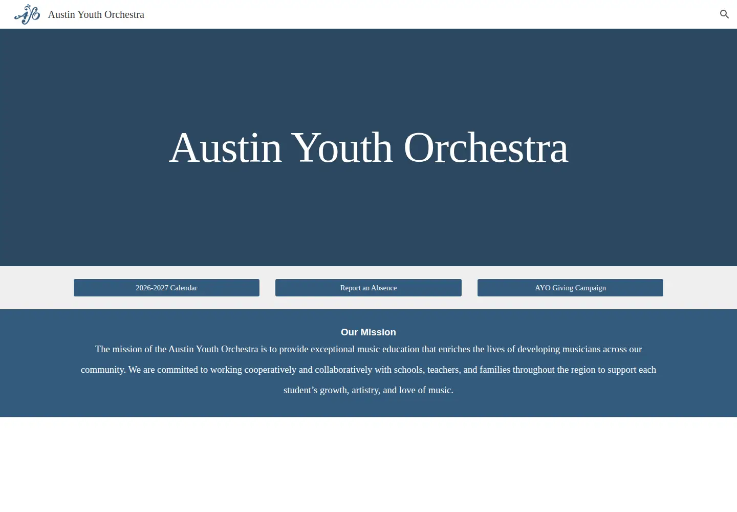 Captured homepage of austinyouthorchestra.org in the current scan