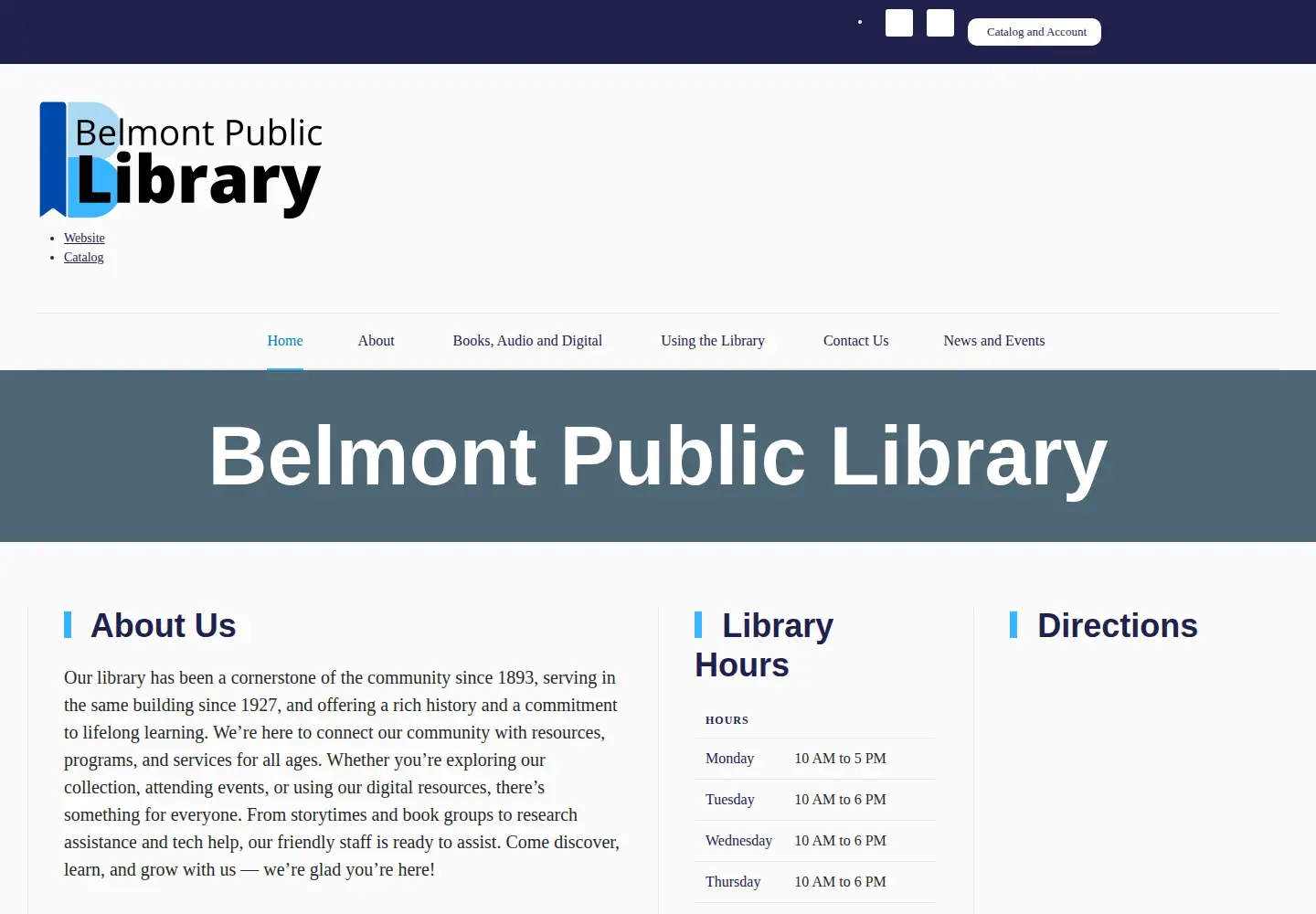 Captured homepage of belmontpubliclibrary.org in the current scan
