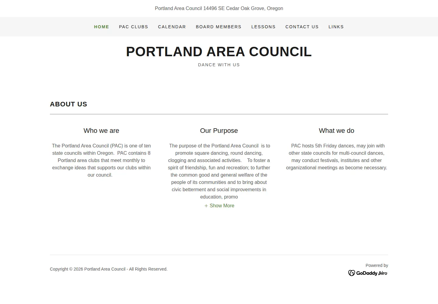 Captured homepage of dancepac.org in the current scan