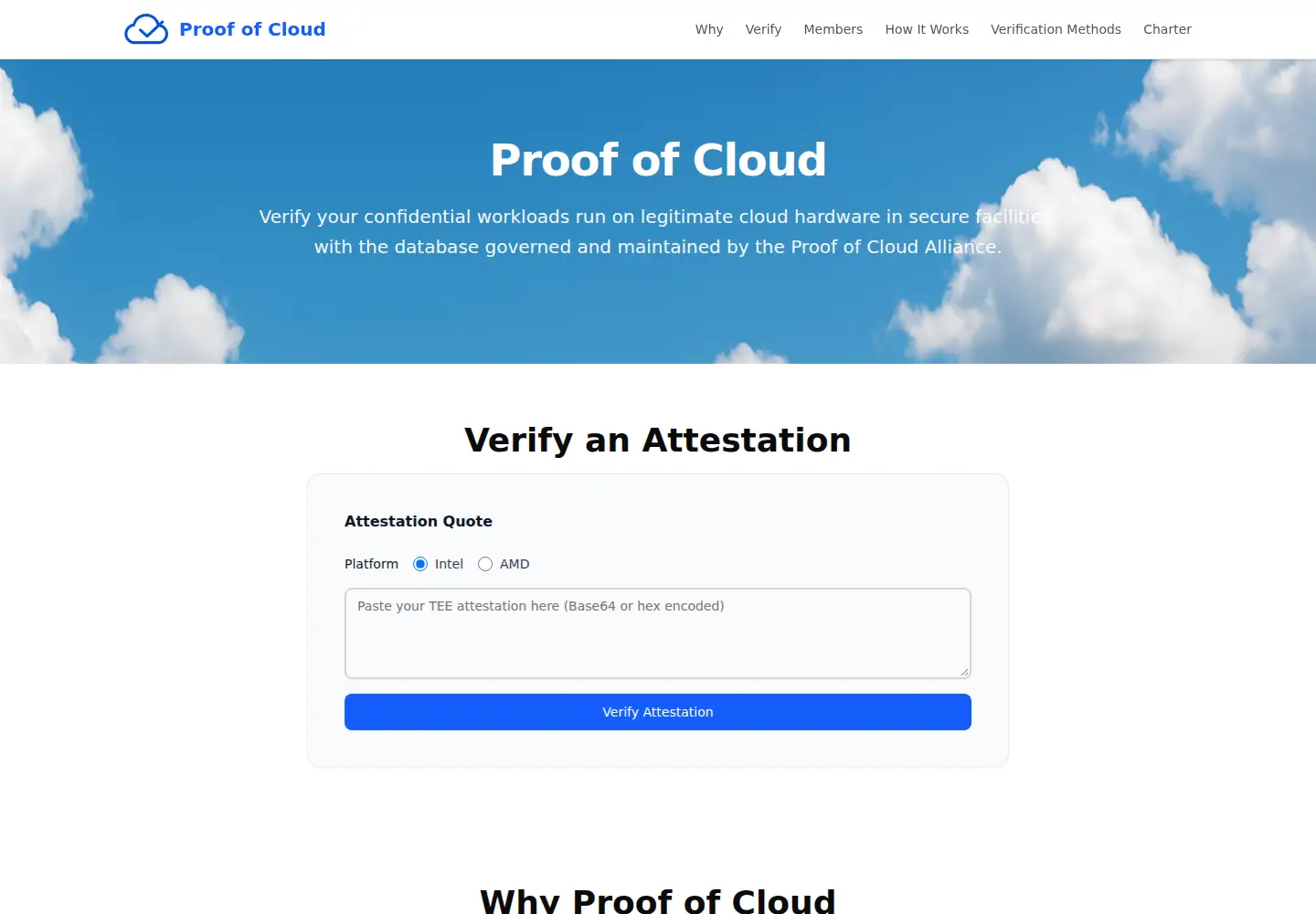 Captured homepage of proofofcloud.org in the current scan